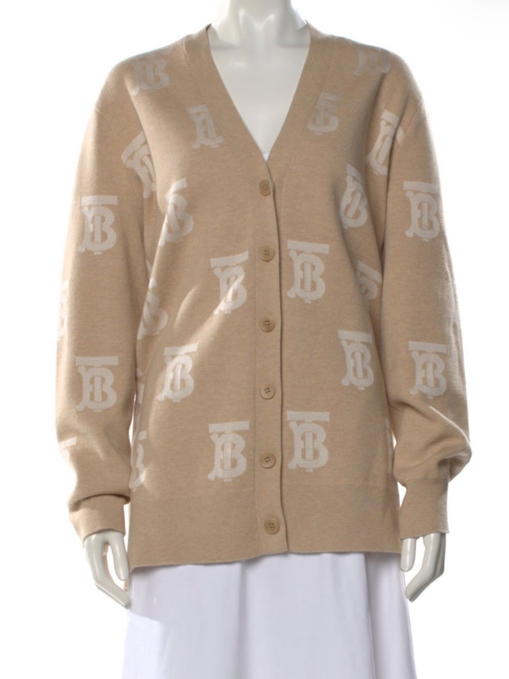 Burberry Beige Monogram V-Neck Button Cardigan Sweater - Size M